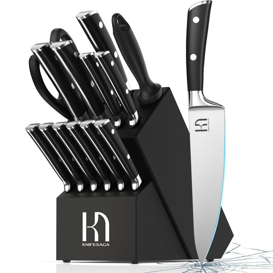 KnifeSaga Knife Set 15 Pcs High Carbon Stainless Steel Kitchen Knife Sets with Block & Sharpener, Premium Razor-Sharp Black Knives Block Set for Kitchen, Ergonomic Full-Tang Handle
