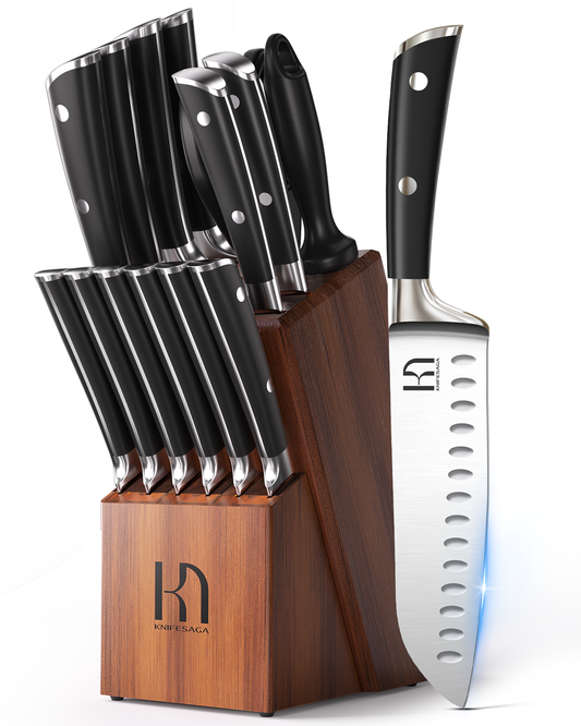 KnifeSaga 15 Pcs Japanese Knife Set with Sharpener, Razor Sharp, Premuim
Innovative Steel, High Carbon Stainless, Enduring Sharpness, Ergonomic Handle, Quality Acacia Wood Block, Full-tang, Gift Box