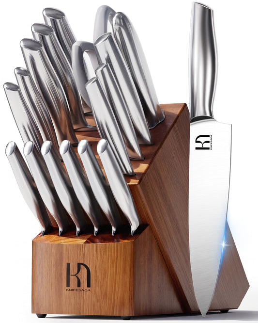 KnifeSaga 17 Pcs Kitchen Knife Set, Premium, Razor Sharp, Japanese Steel
Innovative Steel, High Carbon Stainless, Enduring Sharpness, Ergonomic Handle, Quality Acacia Wood Block, Gift Box
