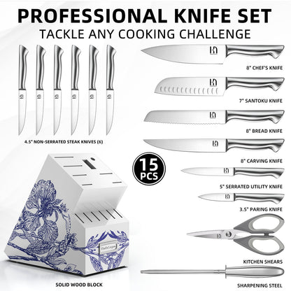 Phantom Iris X5 15-Piece Knife Set comes with 8" chef knife, 8" bread knife, 8" carving knife, 7" santoku knife, 5" utility knife, 3.5" paring knife, 6pcs 4.5" steak knife set, a multi-purpose shear, a sharpening steel all housed in a solid wood block with non-slip bottom