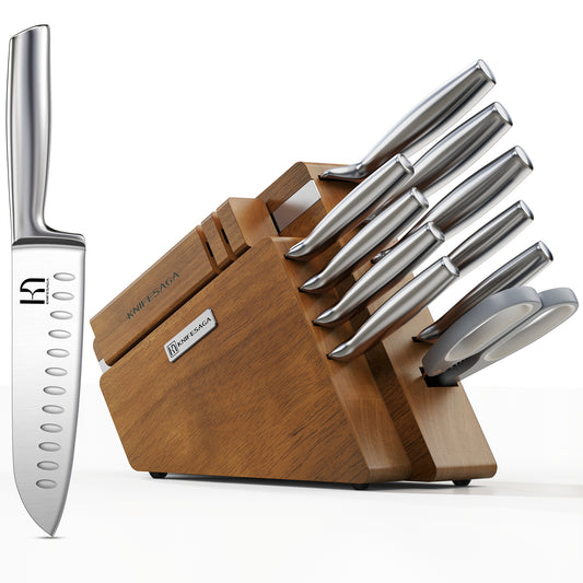 KnifeSaga Kitchen Knife Set with Block and Sharpener | 12-Piece Premium High Carbon Stainless Steel Knife Block Set, Ergonomic Anti-Slip Handle, Rubberwood Knife Block