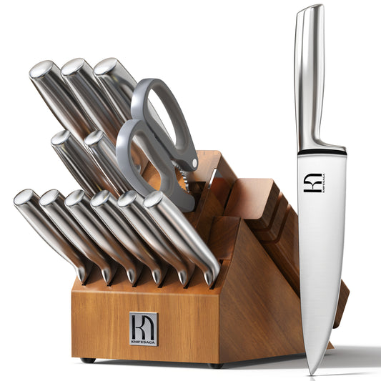 KnifeSaga Kitchen Knife Set with Block and Detachable 2-Stage Sharpener | 14-Piece Premium High Carbon Stainless Steel Knives with Ergonomic Anti-Slip Handle, Rubberwood Knife Block