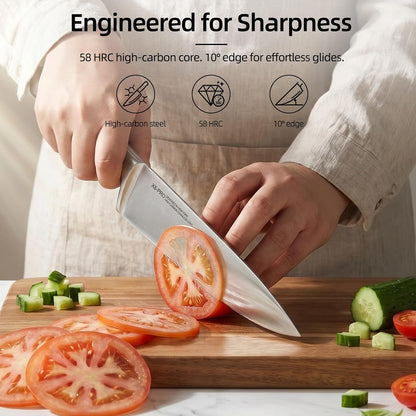 Close-up of SagaCore high-carbon stainless steel knife blade with a 10-degree precision edge for clean, sharp cutting