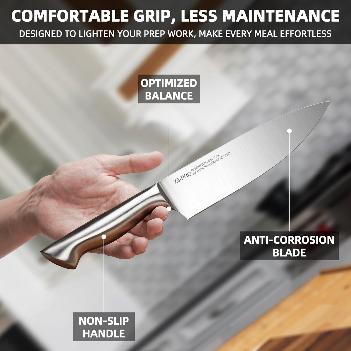 Hand gripping the KnifeSaga chef knife showing ergonomic handle design with natural grip curve, protective anti-slip bolster and optimized weight distribution, designed in New York
