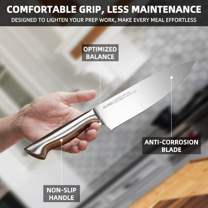 Hand gripping the KnifeSaga chef knife showing ergonomic handle design with natural grip curve, protective anti-slip bolster and optimized weight distribution, designed in New York
