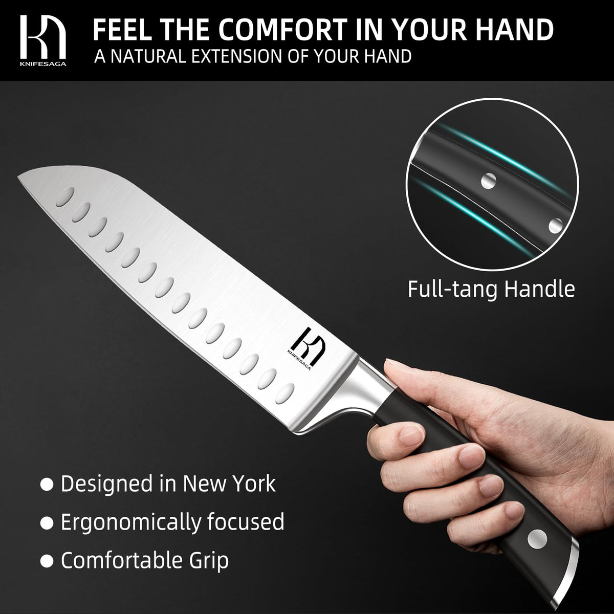 Hand gripping the KnifeSaga santoku knife showing ergonomic full-tang handle with anti-slip grip, designed in New York for comfortable extended kitchen use