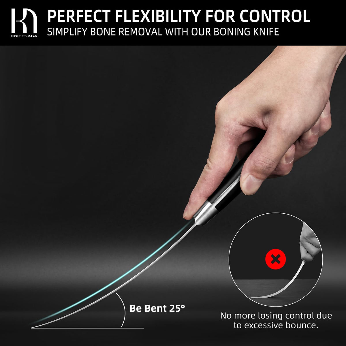 Hand flexing KnifeSaga boning knife blade at 25 degrees to demonstrate precise control during meat and poultry bone removal