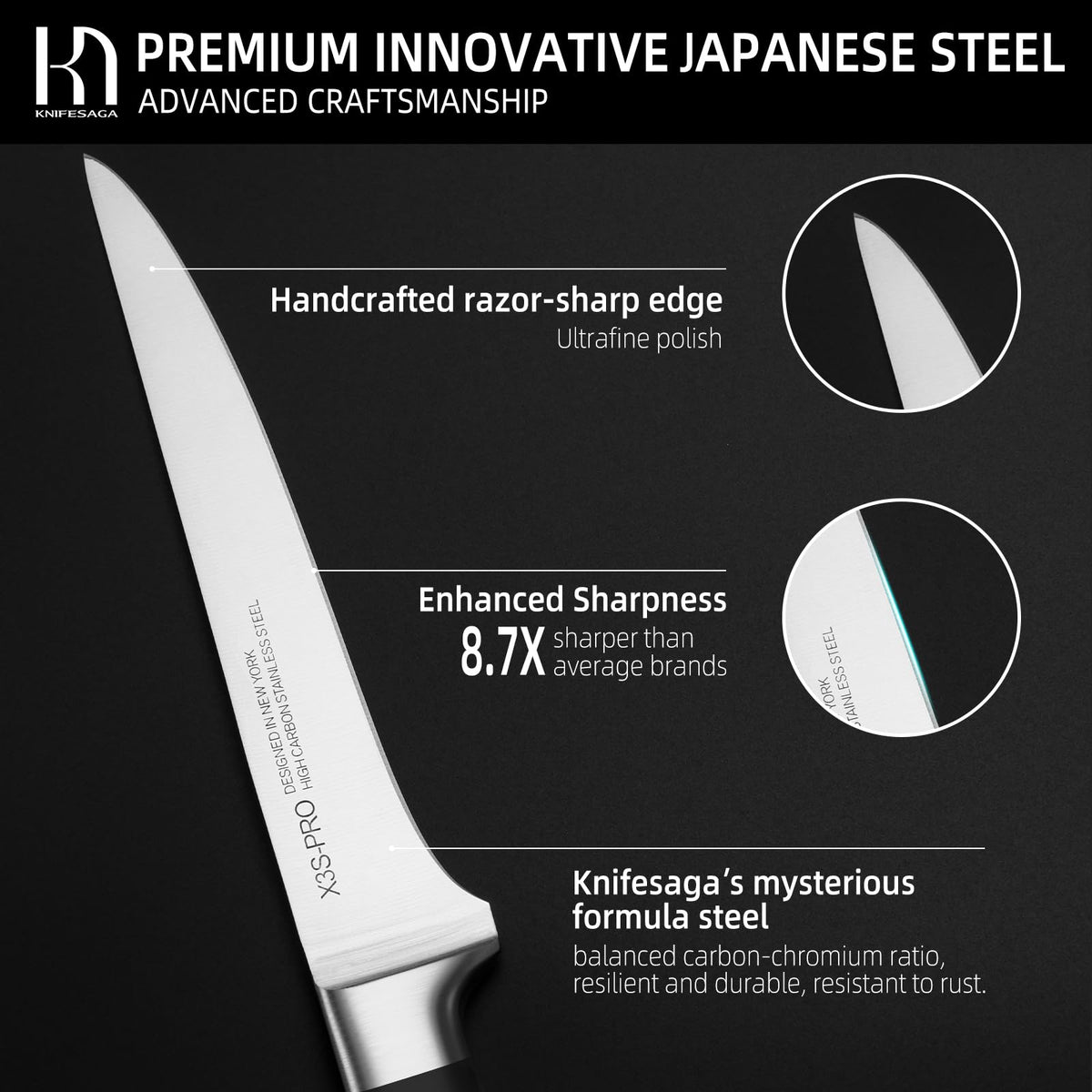 Close-up of KnifeSaga X5 Pro chef knife blade showing handcrafted razor-sharp edge, ultrafine polish, balanced carbon-chromium ratio and 8.7 times sharper than average kitchen knives