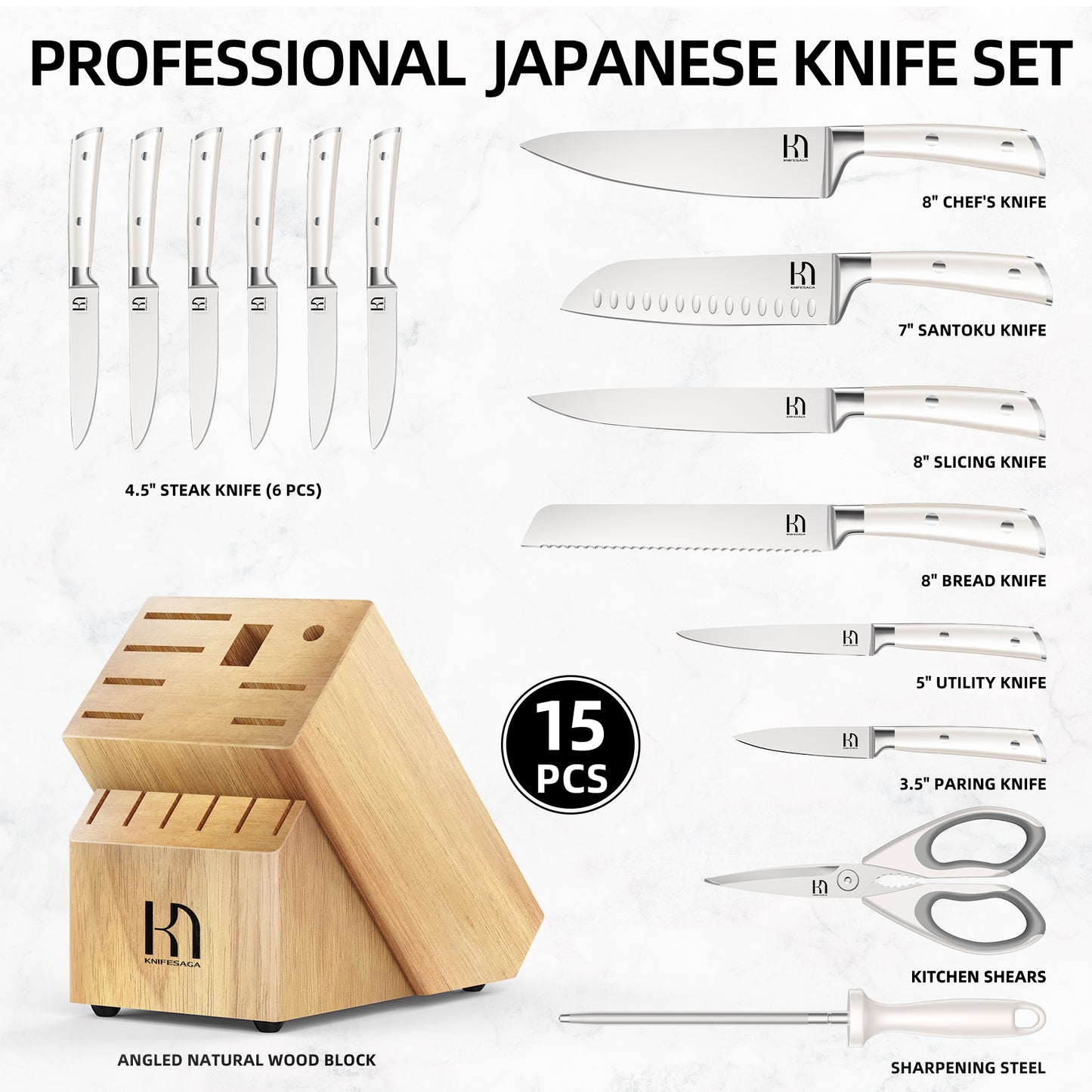 Knifesaga X3 Pro-Natural Wood Block Knife Set (White)