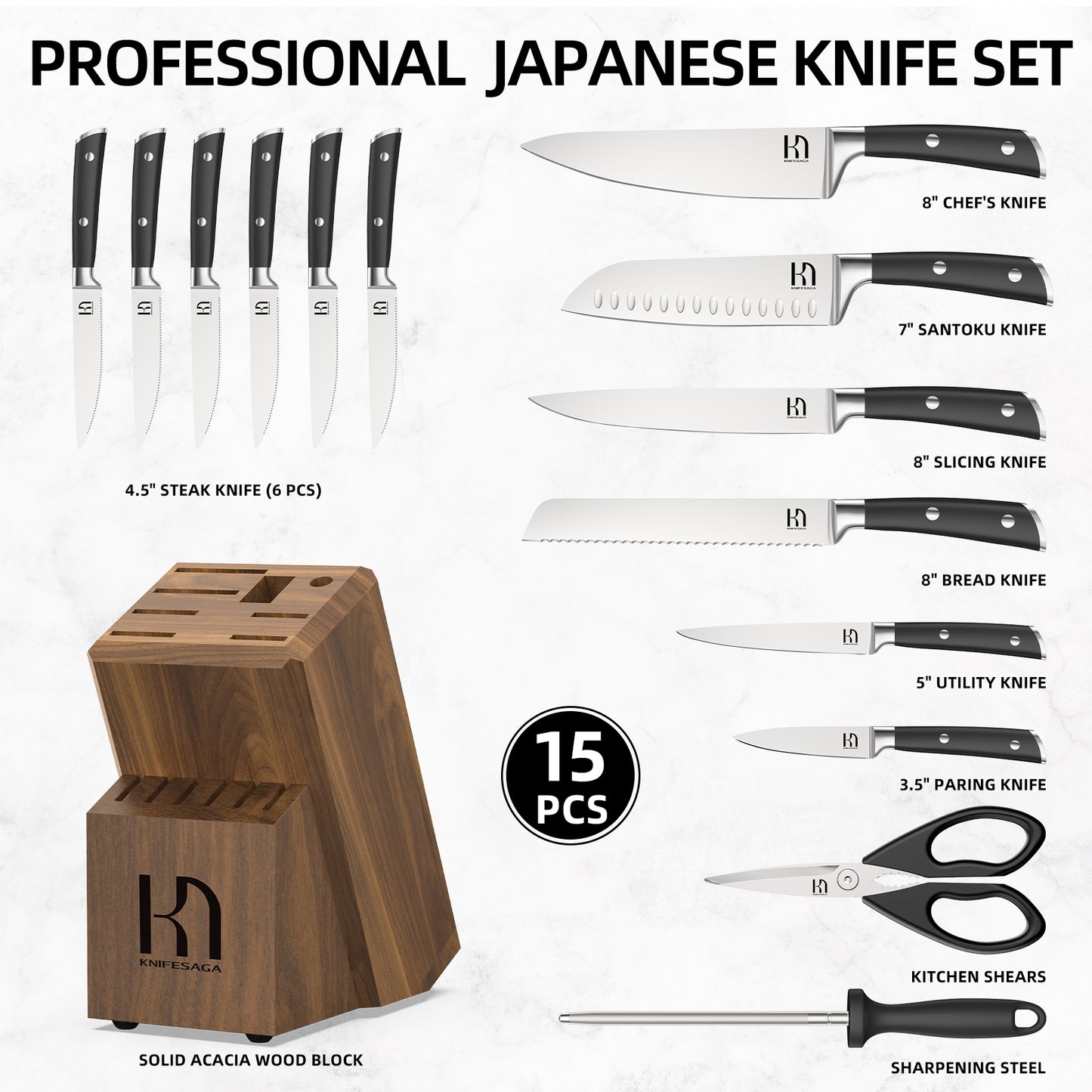 Knifesaga X3 Pro-Knife Set 15 Pcs (Black)
