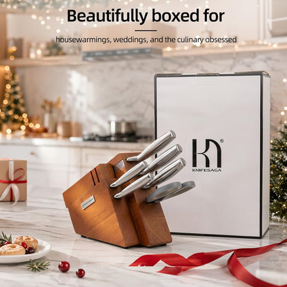 KnifeSaga 8-piece knife set in premium gift box with red ribbon on marble kitchen counter, ideal holiday and wedding housewarming present