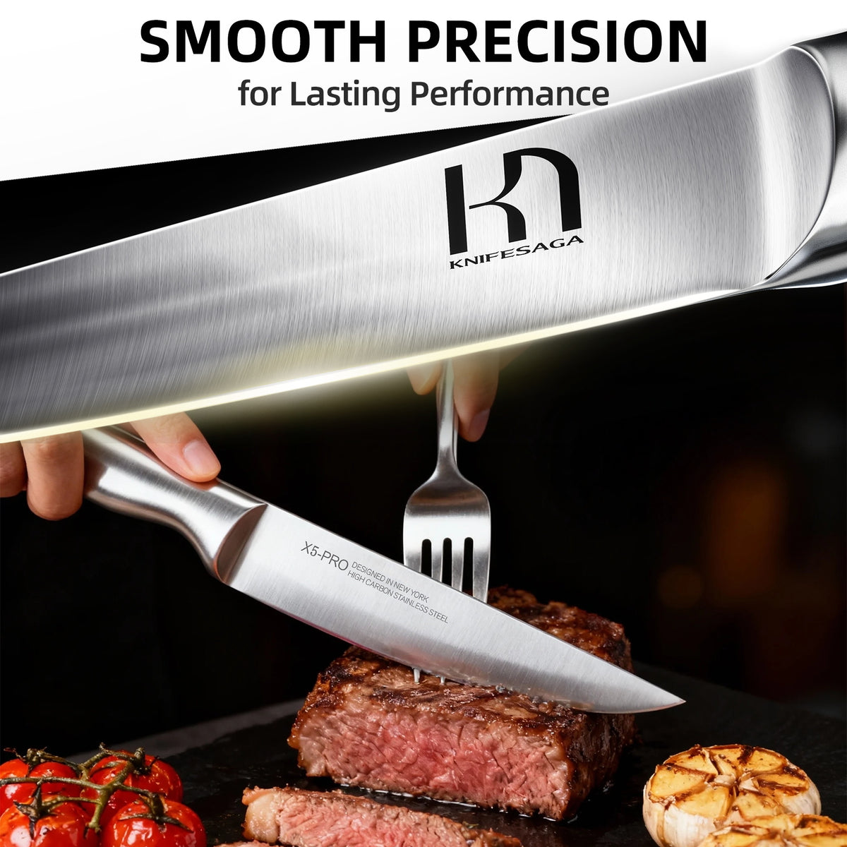 Knivesaga knife set with a steak and fork on a dark background, emphasizing 'Smooth Precision' and 'Lasting Performance'.