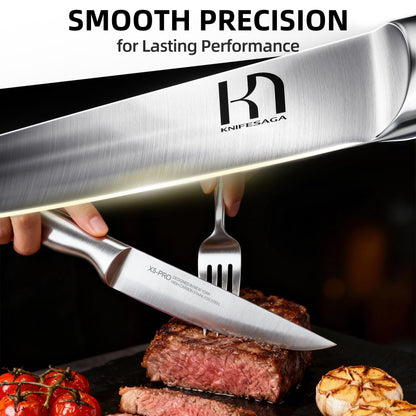 Knivesaga knife set with a steak and fork on a dark background, emphasizing 'Smooth Precision' and 'Lasting Performance'.